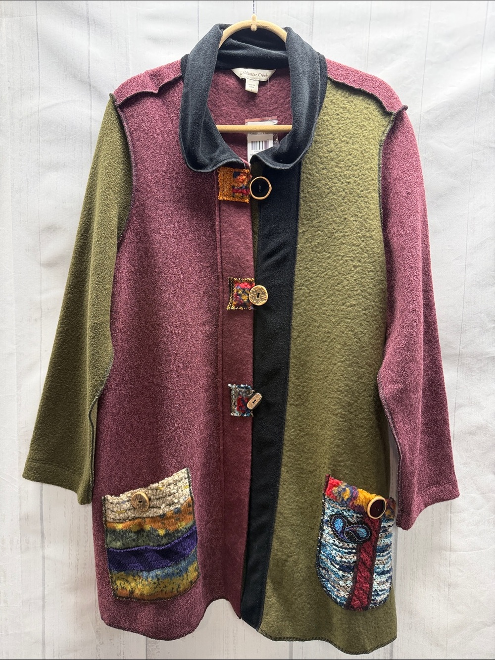 Coldwater Creek NWT Mulberry Multi Art To Wear Coat with Decorative Pockets